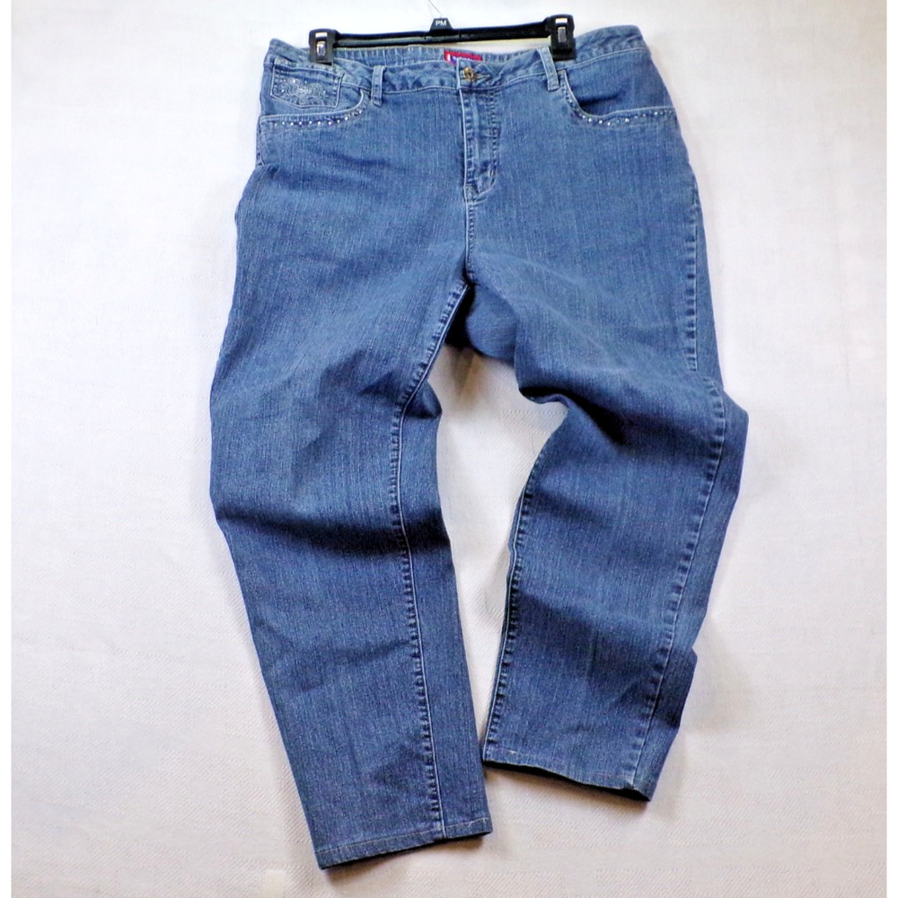 Westport Woman Jeans Blue Denim Embellished Rhinestone Pocket Straight Leg 16W - Picture 2 of 14